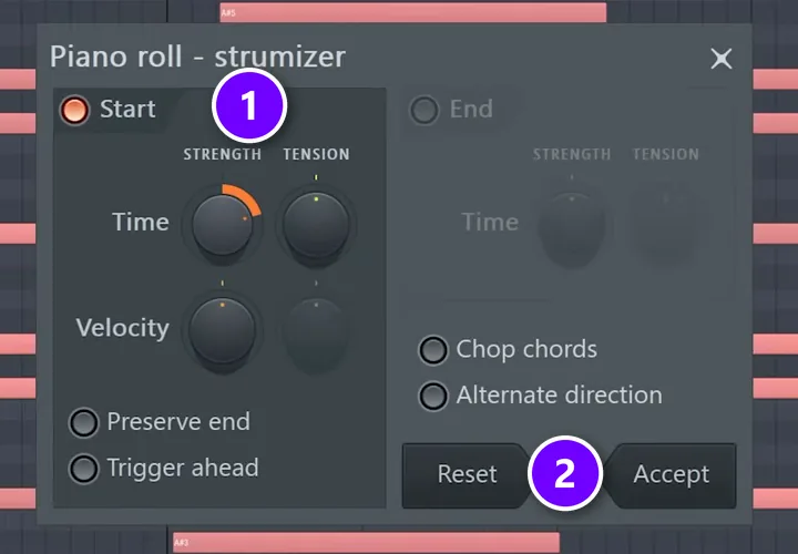 FL Studio Piano roll Strum window with the Start section (1) and Accept (2) numbered