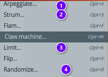 FL Studio Piano roll Tools menu on a Mac with Arpeggiate (1), Strum (2), Limit (3) and Randomize (4) numbered