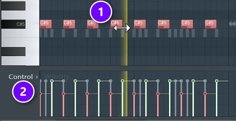 FL Studio Piano roll with selected notes (1) and their lowered velocity in the Control lane (2) numbered