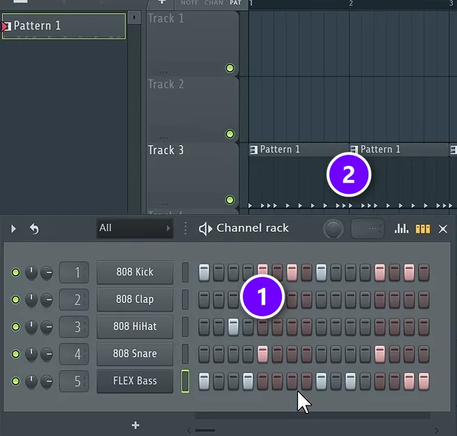 FL Studio Channel Rack step sequencer and Pattern 1 clips in the Playlist numbered 1 and 2