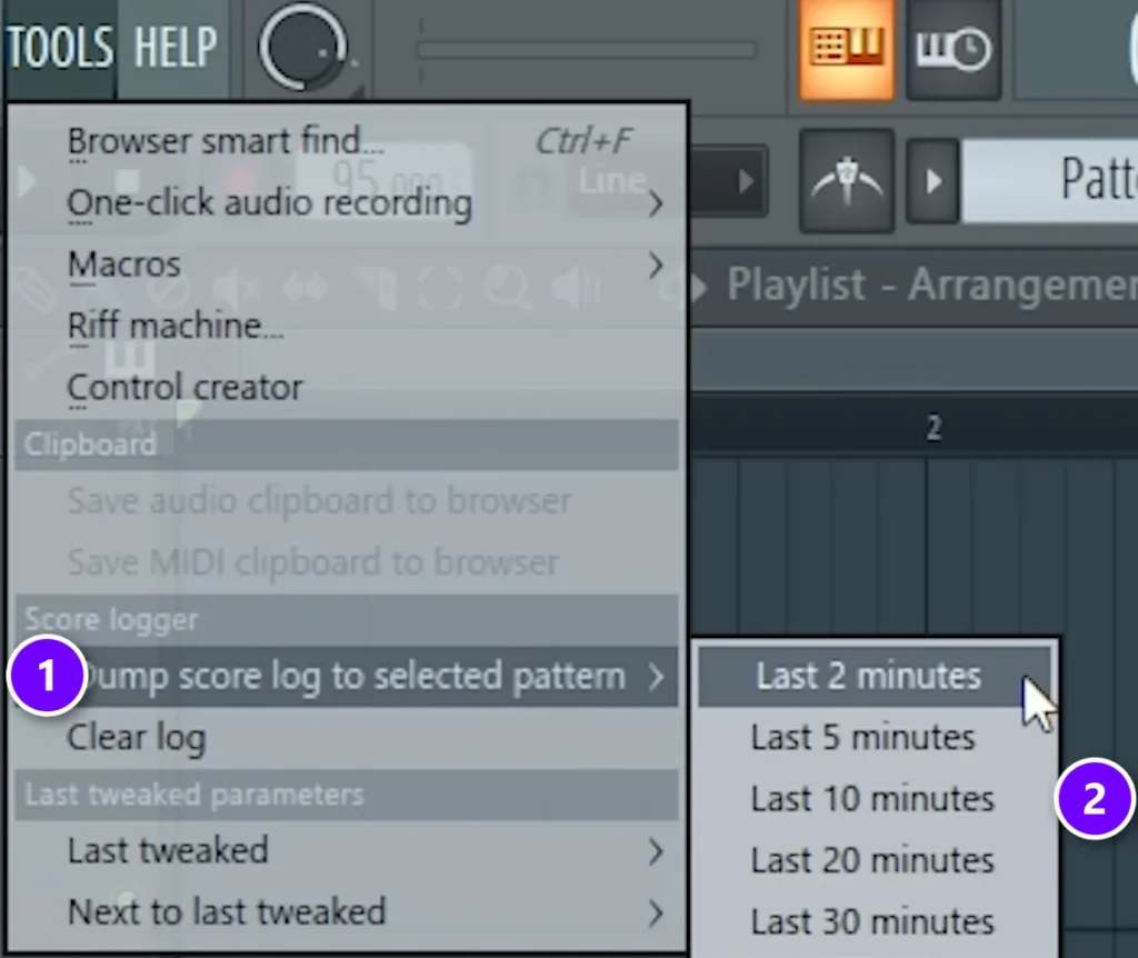 FL Studio Tools menu in a 2019 FL Studio Tips video with Dump score log to selected pattern (1) and the Last 2 to Last 30 minutes choices (2) numbered