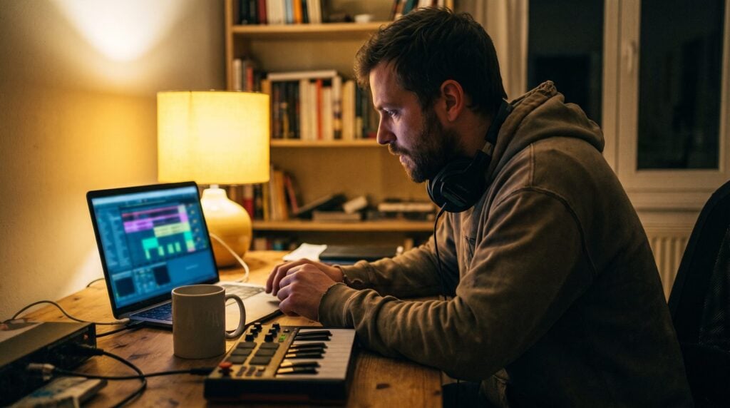 Man at a home desk in the evening following a music production lesson on his laptop, headphones around his neck and a small MIDI keyboard beside him