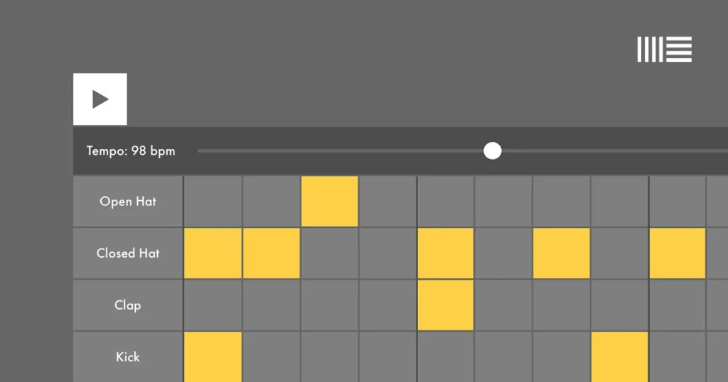 Ableton Learning Music beat grid with Open Hat, Closed Hat, Clap and Kick rows, yellow steps and a 98 bpm tempo