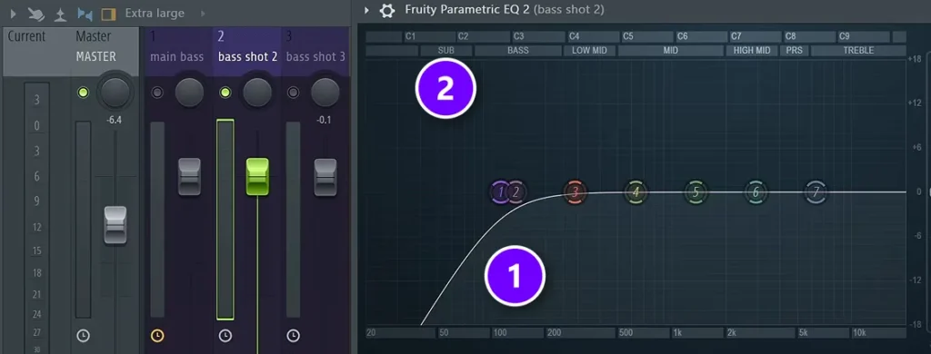Fruity Parametric EQ 2 on the bass shot 2 mixer track with a low cut numbered 1 and the SUB range numbered 2