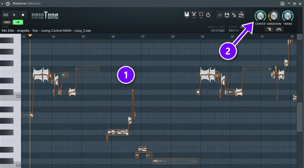 Newtone in FL Studio with a tuned practice acapella numbered 1 and the Center knob numbered 2