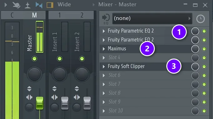 FL Studio Master mixer track with two Parametric EQ 2 slots numbered 1, Maximus numbered 2 and Fruity Soft Clipper numbered 3