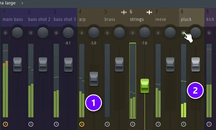 FL Studio Mixer from Mix Elite's free mixing class with the arp fader numbered 1 and the pluck track numbered 2
