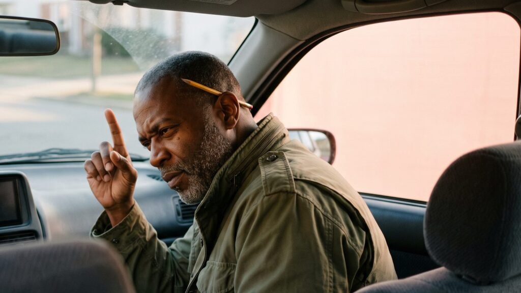 A grey-bearded man in a car's passenger seat listens closely to a song on the car speakers, one finger raised