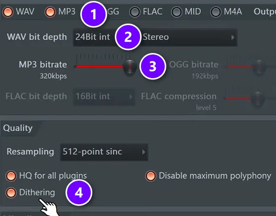 FL Studio export window with WAV and MP3 ticked numbered 1, 24Bit int numbered 2, MP3 bitrate at 320kbps numbered 3 and Dithering numbered 4
