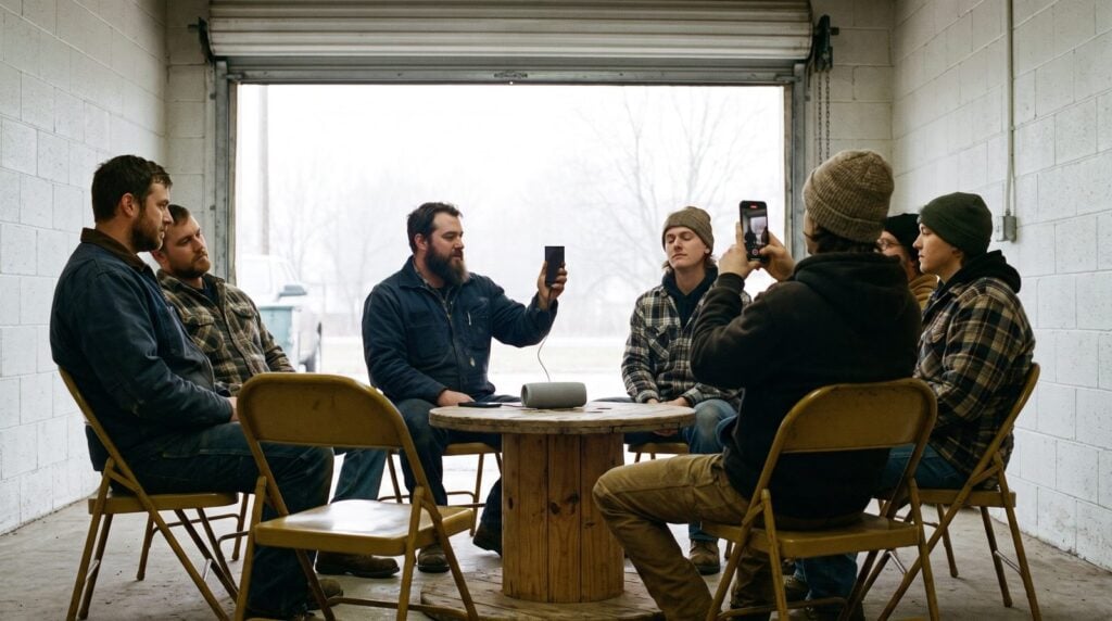 Local music makers in an open garage listen as a man plays his new song from his phone through a small speaker