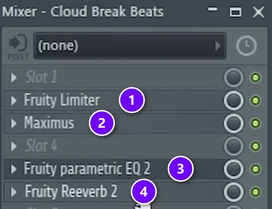 FL Studio mixer track for a producer tag with Fruity Limiter numbered 1, Maximus 2, Fruity Parametric EQ 2 numbered 3 and Fruity Reeverb 2 numbered 4