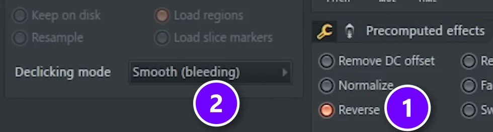 FL Studio channel settings with Reverse ticked numbered 1 and Declicking mode set to smooth numbered 2