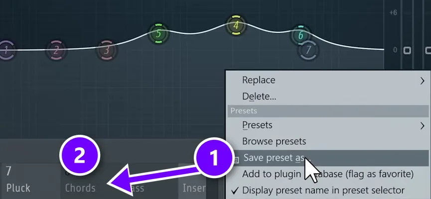 FL Studio mixer slot menu with Save preset as (1) dragged onto the Chords track (2) to copy the pluck's EQ