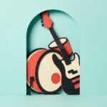 Paper-cut collage of a kick drum and a bass guitar jammed together in one narrow doorway, like two sounds fighting for the same space in a mix