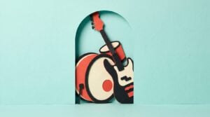 Paper-cut collage of a kick drum and a bass guitar jammed together in one narrow doorway, like two sounds fighting for the same space in a mix