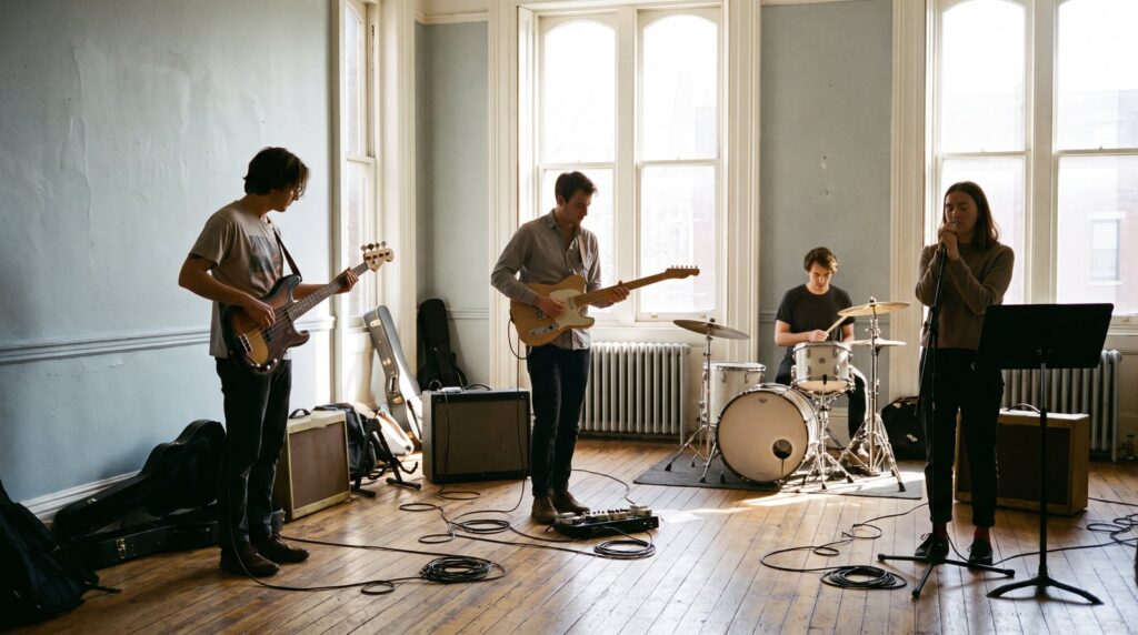 A four-piece band rehearsing in a sunny room, the bass player, guitarist, drummer and singer each standing in their own open space