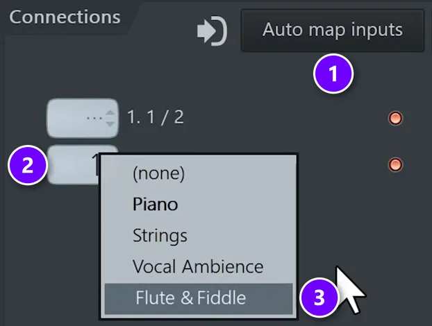 TDR Nova wrapper settings in FL Studio, Processing tab, with Auto map inputs (1), the second input box (2) and the Flute & Fiddle sidechain picked (3)