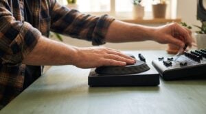 Close-up of a producer's hands: one presses a big drum pad while the other pulls a mixer fader down at the same moment, like a kick ducking the bass