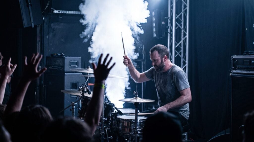 A drummer hits his snare on a club stage as a burst of white haze shoots up behind him on the same hit, like a burst of noise keyed to the snare