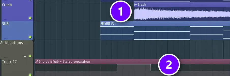 FL Studio Playlist with the crash starting late (1) and the stereo separation automation on the chord bus (2)