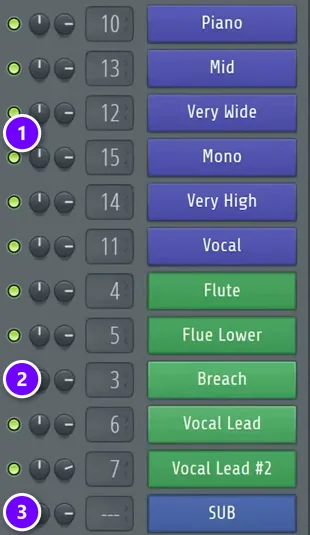 FL Studio Channel rack from Mix Elite's future bass drop: six chord channels (1), five lead channels (2) and the SUB channel (3)