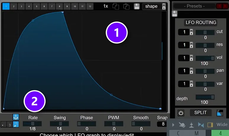 LFO Tool on the chord bus with a jump-and-fade volume shape (1) and Rate set to 1/8 (2)