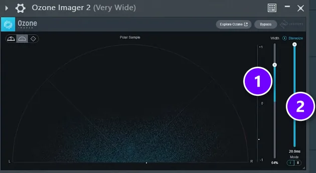 Ozone Imager 2 on the ultra-wide chord layer with Width at 64% (1) and Stereoize turned on (2)