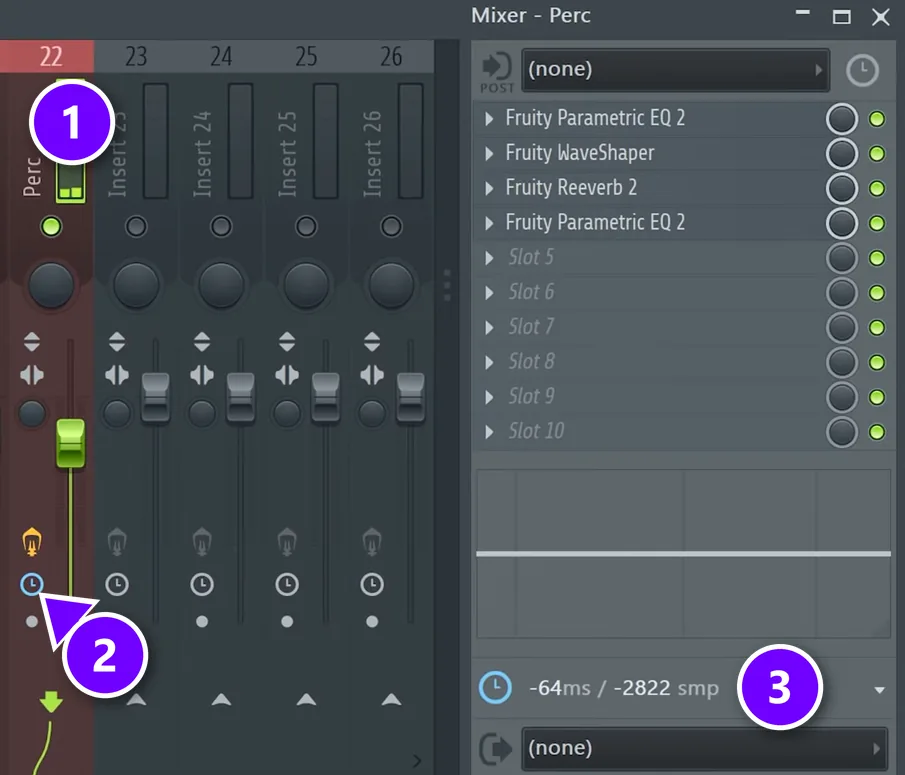 FL Studio Mixer with the Perc track (1), its time offset icon (2) and the -64 ms setting (3)