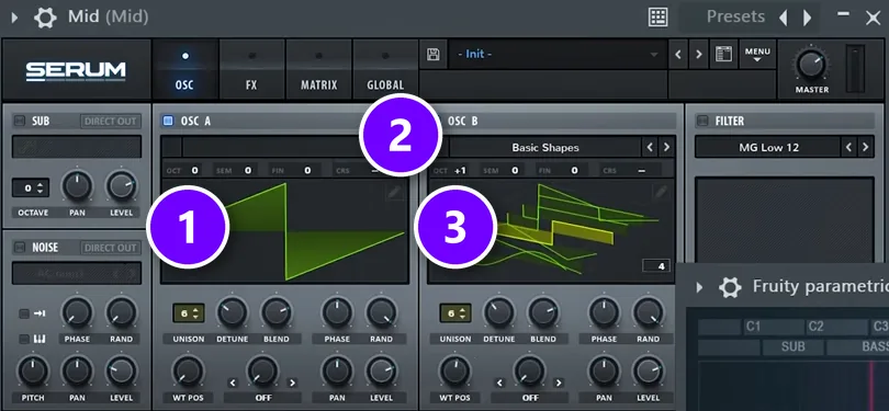 Serum mid chord layer: OSC A saw with unison 6 (1), OSC B one octave up (2) with its own 6 unison voices (3)