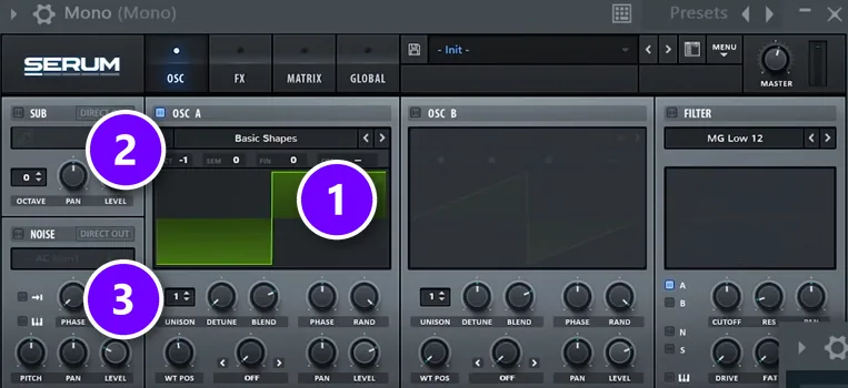 Serum mono chord layer: a square wave from Basic Shapes (1), octave -1 (2) and unison 1 (3)