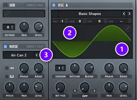 Serum sub bass patch: a sine from Basic Shapes (1), octave -1 (2) and the Air Can 2 noise oscillator (3)