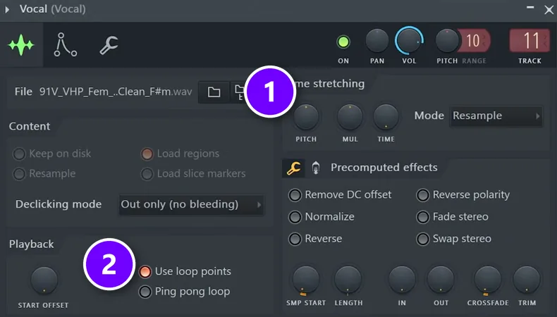 FL Studio Sampler with a single vocal note loaded (1) and Use loop points switched on (2)