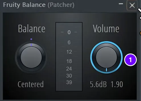 Fruity Balance plugin in FL Studio with its Volume knob (1) turned all the way up to 5.6 dB