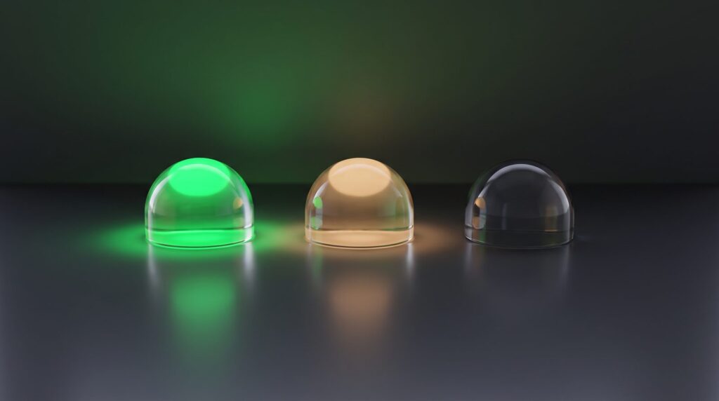 Three glass LED lights in a row with only the green one lit, like an input meter that never touches the red