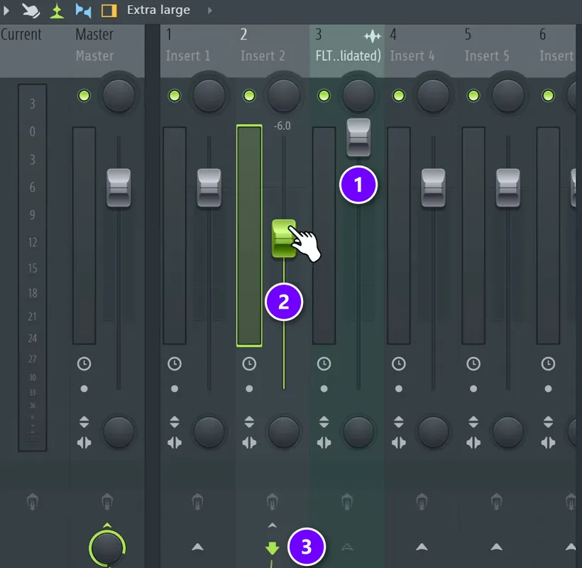 FL Studio Mixer with one track pushed above 0 dB (1), a second track turned down 6 dB (2) and the routing arrow between them (3)