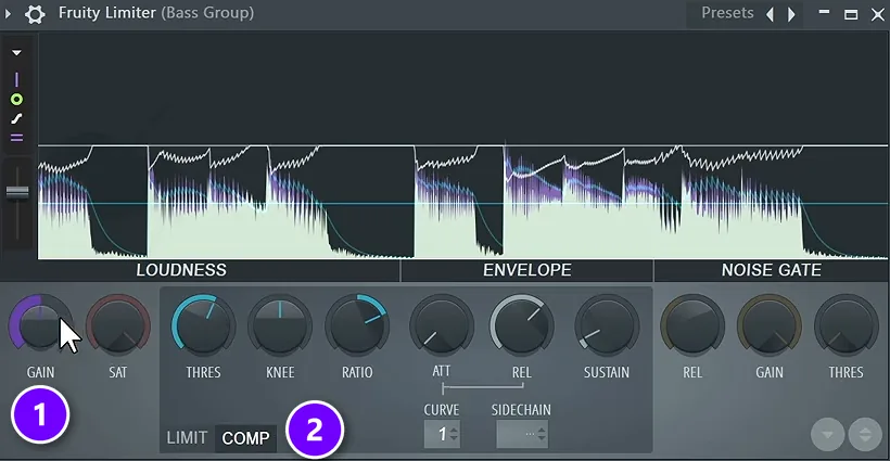Fruity Limiter in COMP mode (2) with the GAIN knob (1), which works as makeup gain, numbered