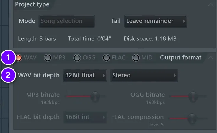 FL Studio render window with WAV output (1) and the WAV bit depth set to 32Bit float (2)