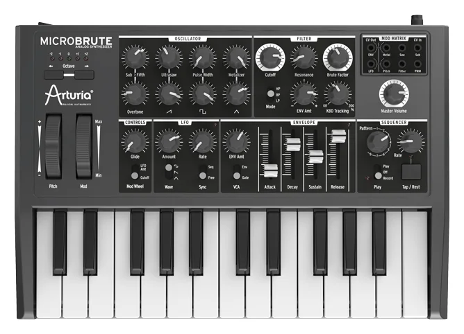 Arturia MicroBrute analog synth seen from above, with 25 mini keys, pitch and mod wheels and a small patch bay