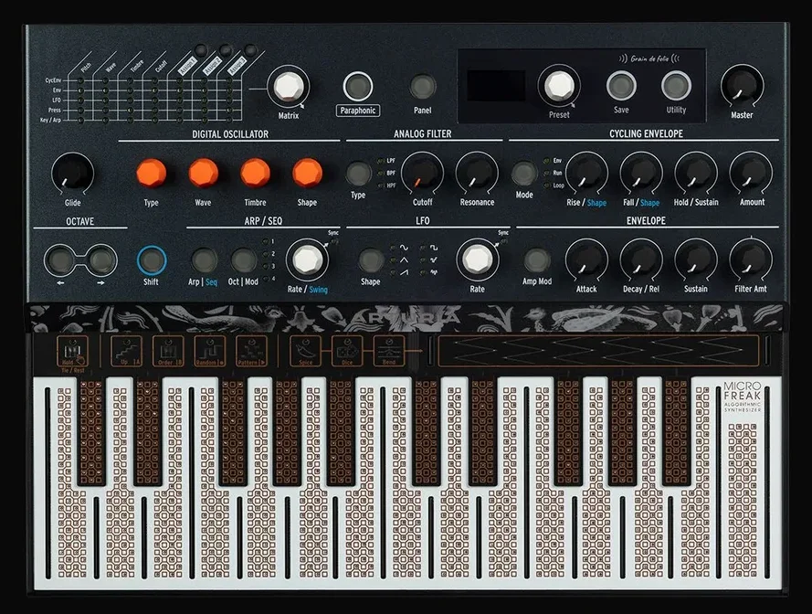 Arturia MicroFreak hybrid synth seen from above, with its flat 25-note touch keyboard and orange filter knobs