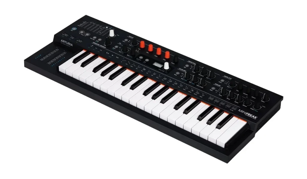 Arturia MiniFreak 6-voice hybrid synth with 37 slim keys, seen from an angle