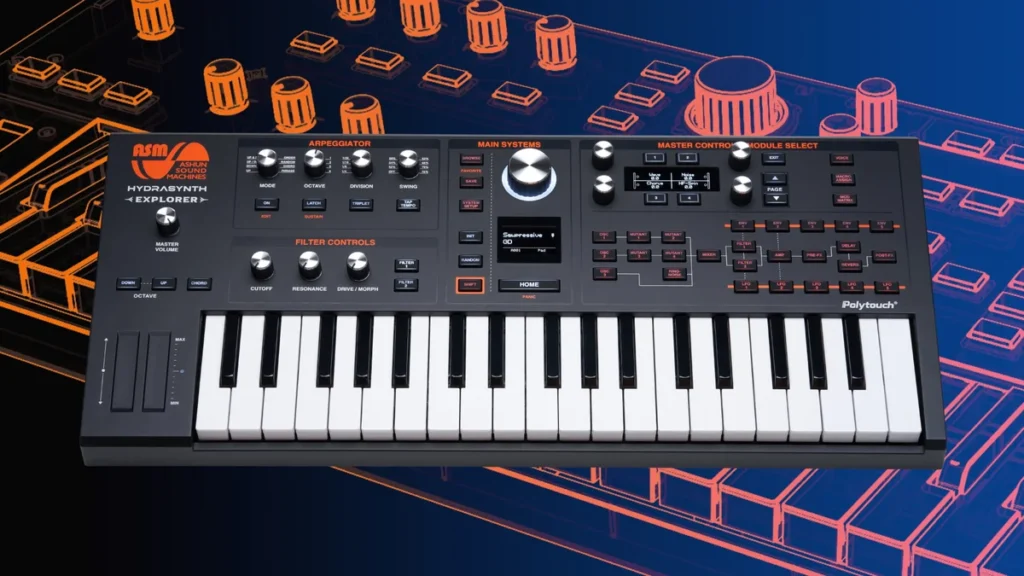 ASM Hydrasynth Explorer wavetable synth with 37 keys, orange-lit knobs and a small screen, on a dark blue background