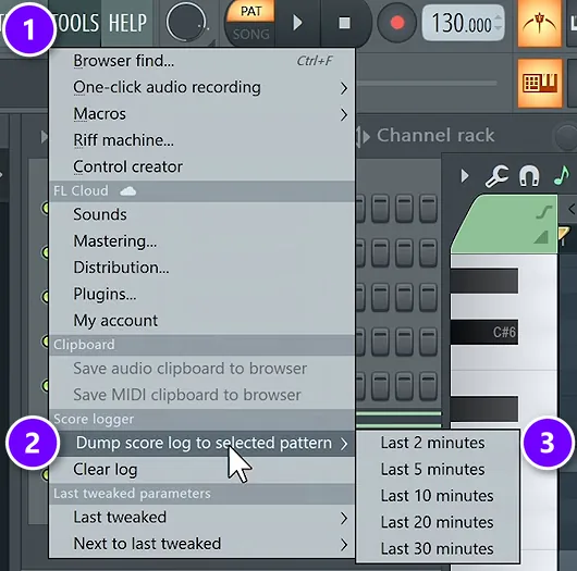 FL Studio Tools menu (1) with Dump score log to selected pattern (2) and the Last 2 minutes option (3)