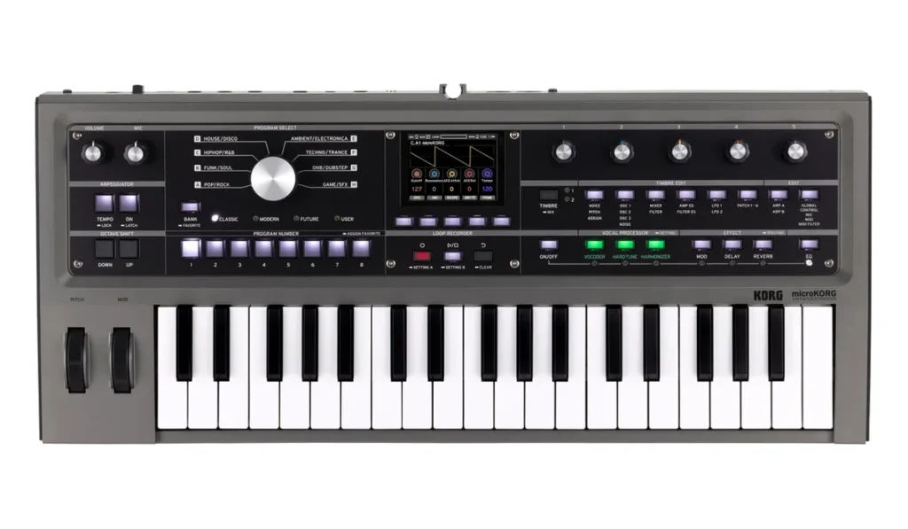 Korg microKORG2 synthesizer in grey with 37 keys, a big program dial and a color screen