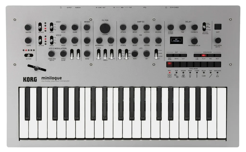 Original Korg minilogue analog synth in silver, seen from above, with 37 slim keys and a small screen