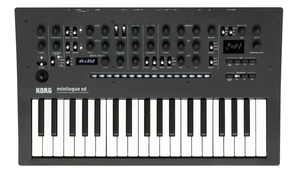 Korg minilogue xd analog synth seen from above, with 37 slim keys and rows of knobs
