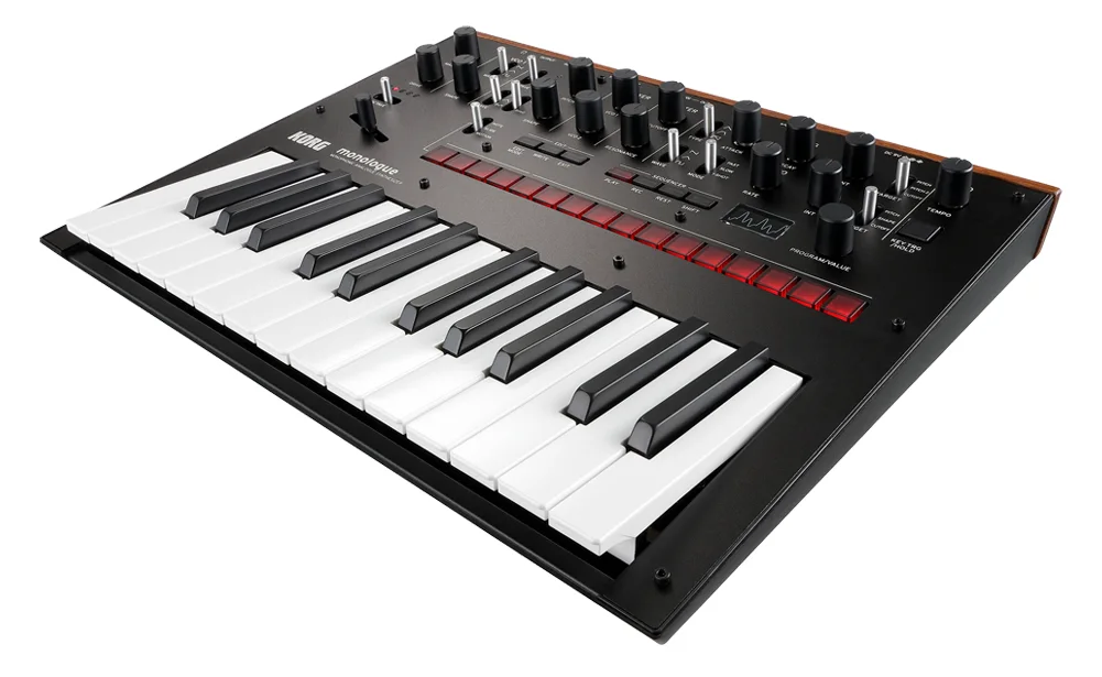 Korg monologue monophonic analog synth in black, with 25 slim keys and a row of red step buttons