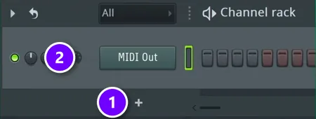 FL Studio Channel Rack with the + button (1) and a MIDI Out channel (2)