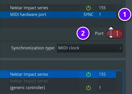 FL Studio MIDI settings with the hardware output selected (1) and its red Port number box (2)