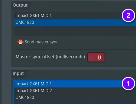 FL Studio MIDI settings with a keyboard selected in the Input list (1) and the synth's port selected in the Output list (2)