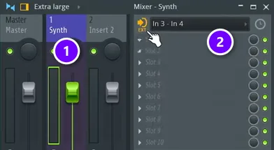 FL Studio Mixer with the Synth track selected (1) and its audio input set to In 3 - In 4 (2)